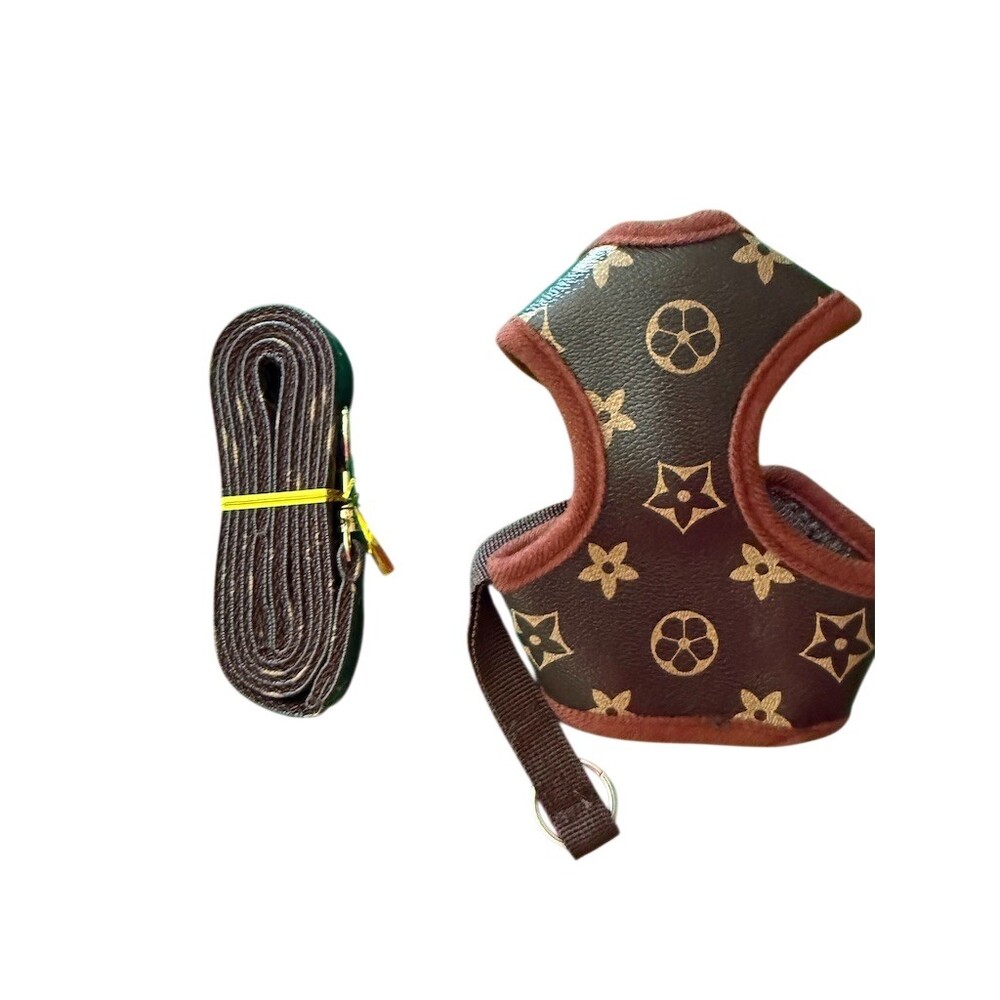 Brown Monogram Dog/Cat Strap Harness & Leash Set Size S Adjustable 2pc
